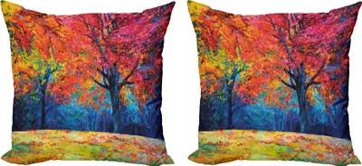 Produktbild von ABAKUHAUS Natur Kissenbezug Set (2Stück), Bunte Bäume und fallender Autumn Leaves Seasonal Art Picture, 40 x 40 cm, Vermilion Marineblau