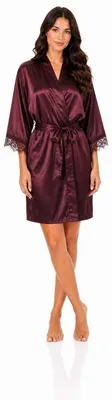 Produktbild von Damen Satin Morgenmantel Kimono kurz mit Spitze Bademantel Hausmantel Robe Bordeaux/S
