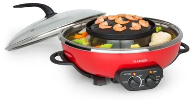 Produktbild von Klarstein Szechuan - Hot Pot und Grillplatte, Hot Pot Topf Volumen: 5 Liter, Hot Pot Grill 1350 Watt / 38 cm Ø, Grillplatte: 600 Watt / 22 cm Ø, Heizelement aus Aluminium, rot