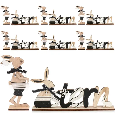 Produktbild von COM-FOUR® 6x 2-teiliges Set Oster-Deko aus Holz - mit Schriftzug und Osterhase