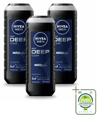 Imagen del producto de 3 unidades de gel de ducha NIVEA MEN Deep Clean 3 en 1 - 500 ml - Pack grande