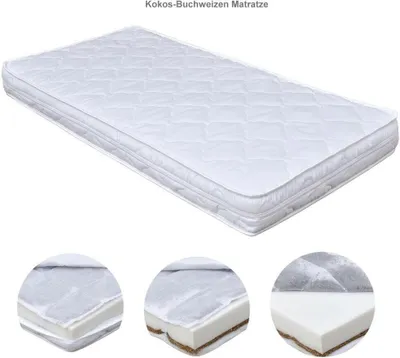 A white mattress with quilted stitching, shown from a slightly elevated angle. Below the main image are three circular close-up views of the mattress layers.