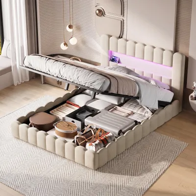 Produktbild von INONEFT Polsterbett 180x200cm mit LED, Jugendbett Doppelbett mit Lattenrost/stauraum, Stauraumbett Boxspringbett mit USB, Stauraumbett Leinen, Beige