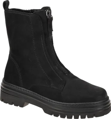 A black suede boot with a front zipper.