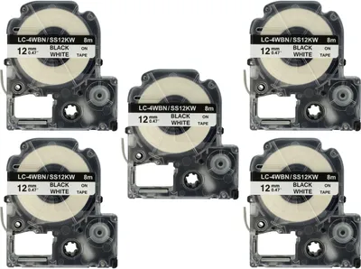 Produktbild von vhbw 5x Schriftband-Kassette kompatibel mit KingJim SR150, SR3700P, SR330, SR300TF, SR180, SR230C Etiketten-Drucker 8m x 12mm Schwarz auf Weiß