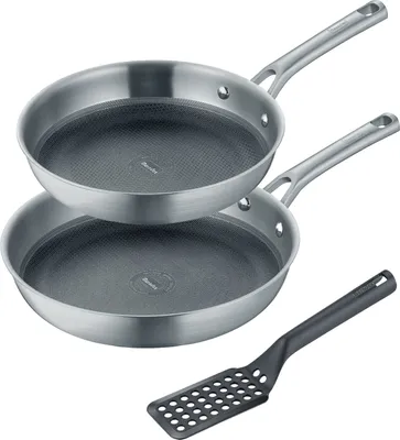 Image de set de 3 poêles à frire 24+28 cm, acier inoxydable, polies, y compris spatule - Tricion Resist
