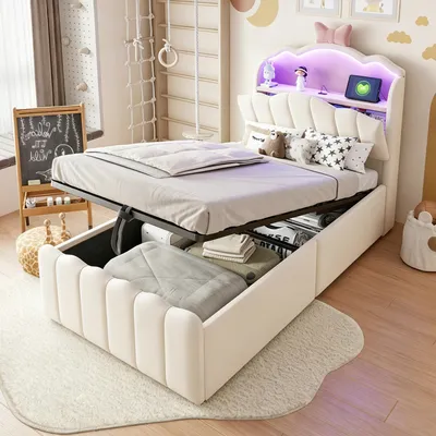 Produktbild von Gepolstertes Kinderbett 90 x 200 cm mit hydraulischem Stauraum, Samtbezug, LED-Kopfteil mit Farbwechselbeleuchtung, USB- und USB-C-Ladeanschlüssen, aufklappbarem Kopfteil mit Stauraum, Beige