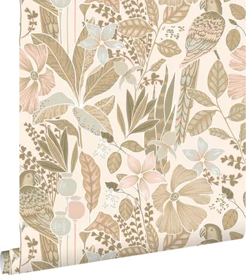 Produktbild von ESTAhome Tapete tropischen Blumen und Paradiesvögeln Sandbeige 50 x 900 cm