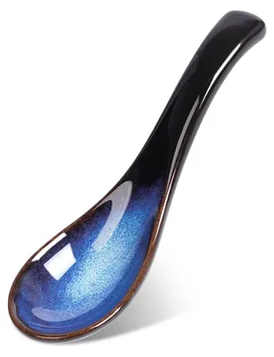 Produktbild von Keramik-Suppenlöffel - Japanisches Retro-Design - Für Ramen Pho Miso und Eintöpfe - Blau - 1 Stück