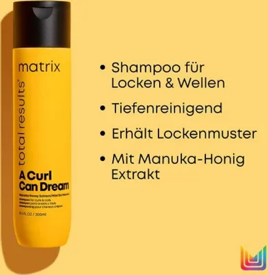 A yellow bottle of Matrix Total Results A Curl Can Dream shampoo is shown next to a list of its features.