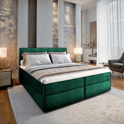 A luxurious bedroom with a large green boxspring bed as the focal point.