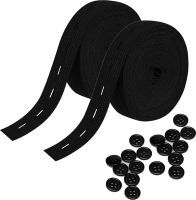 Produktbild von 2 Stück 5m Gummiband zum Nähen Flaches Nähband mit Knopfösen, Elastisches Gummiband für Hosenrock Stirnband mit 20 Stück Knöpfe, Taillenspanner für Kleidung, Perücke Gürtel (schwarz)