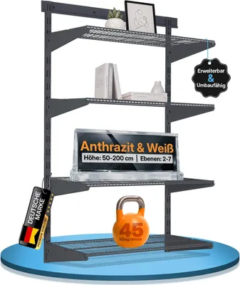 Image de Kit d'étagères murales avec tablette en fil métallique - Couleur : Anthracite - Longueur des rails muraux : 150 cm - Nombre de tablettes en fil métallique : 4