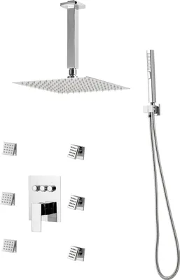 Image de SucceBuy Kit de douche avec pomme de douche pluie 10 pouces, 6 jets pour le corps et douchette 2 en 1, pomme de pluie pivotante 3 fonctions, valve en laiton et kit d'habillage, design chromé pour salle de bains