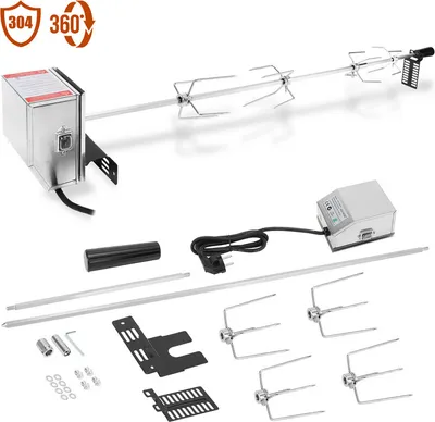 Immagine prodotto di Yakimz BBQ girarrosto spiedo 117cm 230V acciaio inox, incl. 4 pinze per carne, incl. peso di bilanciamento 220V-240V Girarrosto elettrico Girarrosto spiedo Camping