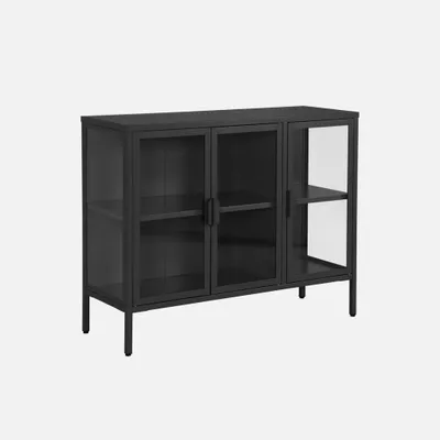 Produktbild von sweeek - Industrielles Sideboard aus Metall und gehärtetem Glas mit 3 Türen, 100 cm