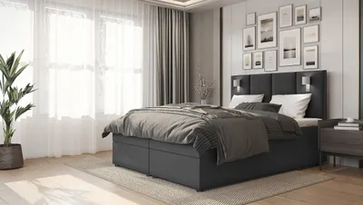 Produktbild von SALES LEADER Boxspringbett LONDON 200x200 cm Polsterbett mit zwei Bettkästen, Komplett-Set mit Matratze und Topper (4cm), Graphit, Bett Stoff INARI 96