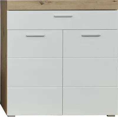 A front view of a white and wood-grain dresser with silver handles against a white background.