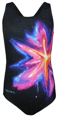 Produktbild von Aquarti Mädchen Badeanzug Chlorresistent Schwimmanzug Muscleback Wassersport Swimsuit, Farbe: Bunter Fleck Amarant Gelb / Schwarz, Größe: 128