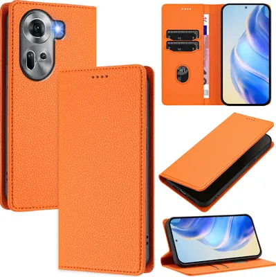 Produktbild von Litchi Leder Handyhülle für Oppo Reno11 Wallet Kartenfächer Standfunktion Hülle Orange