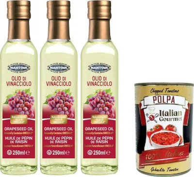 Produktbild von Fratelli Mantova Traubenkernöl 3x250 ml – Nutrazeutisches Öl – 100% natürlich und 100% rein – Gesundheit und Wohlbefinden – natürlich reich an Omega-6 – hohe Qualität+ Italian Gourmet polpa 400g