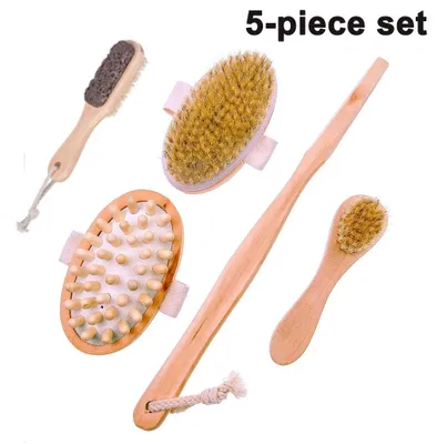 Produktbild von Bürsten-Set 5-Teilig mit Trockenbürste, Duschbürste, Massagebürste & Gesichtsbürste mit abnehmbaren Holzgriff zur Hautpflege und gegen Cellulite