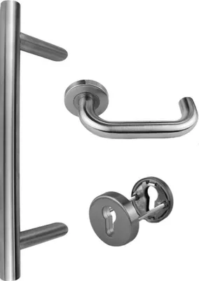 Produktbild von Edelstahl Haustür Beschlag- Set in verschiedenen Längen Rundrosette Art.Nr.:1801 Maß L:400/ Maß B:300mm