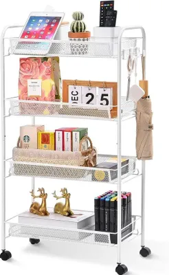 Productafbeelding van Unyqoos® Keukenwagen met 4 niveaus, op wielen – smalle metalen trolley, 43,8 x 26 x 82,9 cm, wit, roestvrijstalen manden, veelzijdig te gebruiken in de keuken, badkamer, of het kantoor