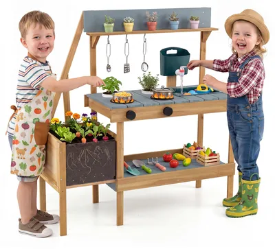 Immagine prodotto di COSTWAY, cucina da gioco per bambini da esterno, con serbatoio dell'acqua, rubinetto, lavello, fioriera, 2 vasi, 2 fornelli e accessori da cucina, cucina per bambini dai 3 anni in su