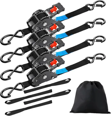 Produktbild von Automatische Zurrgurte - Selbstaufrollende Ratschengurte - 4er-Pack - 3 m x 25 mm - Bruchlast 698 kg - 349 daN - S-Haken - Schwarz