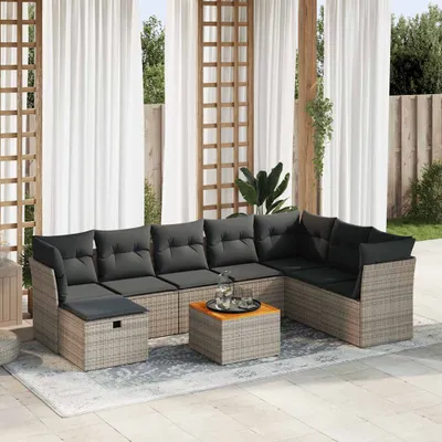 Produktbild von Design 9-tlg. Garten-Sofagarnitur mit Kissen Grau Poly Rattan, Gartenmöbel-Sets 2024 Neu