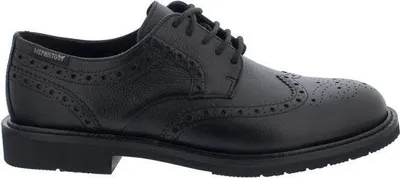 A black leather Mephisto shoe is shown from the side against a white background.