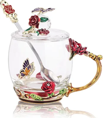 Image de Set de tasse à thé en émail avec cuillère et couvercle, tasse à café en verre - Bleu