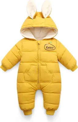 Produktbild von Baby Schneeanzug Winter Strampler Kapuzen Jungen Mädchen Outfits Baumwolle Overall Warmer Langarm Cartoon Kaninchen (Gelb,100cm)
