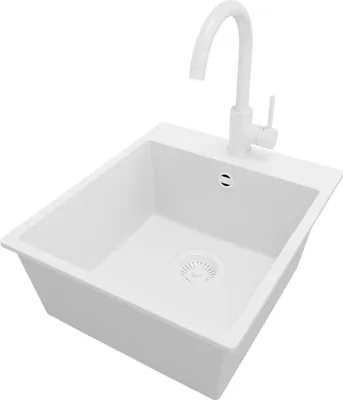 Produktbild von PRIMAGRAN Granitspüle Alles Weiß 43x50cm, Spülbecken 1 Becken + Küchenarmatur 32x20cm + Ablauf-Set, Küchenspüle ab 45er Unterschrank - Riga