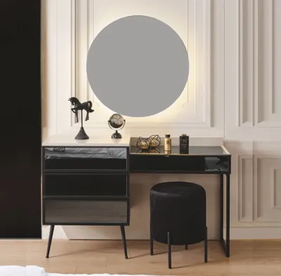 Immagine prodotto di Set per camera da letto moderno, nero, con specchiera e tavolino da trucco in vetro