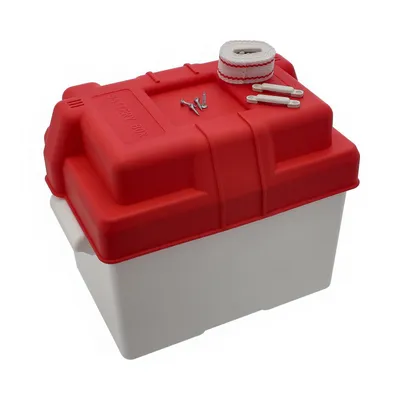 Produktbild von Batteriebox für 12V Batterien Batteriekasten aus Kunststoff wasserdicht universell für Boote Wohnmobile PKW LKW Traktor Farbe: Deckel rot