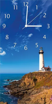 Produktbild von Wallario Design Wanduhr Leuchtturm auf einem Felsvorsprung - Blauer Himmel aus Echtglas, Größe 30 x 60 cm