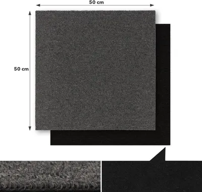 A close-up view of two square pieces of dark fabric, with dimensions indicated, and detailed shots of the fabric texture.