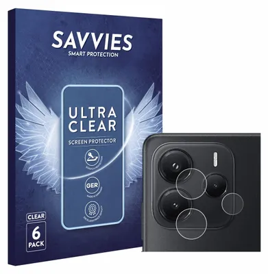 A product package for screen protectors is shown next to a smartphone camera module with screen protectors applied.