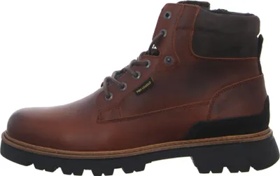 A side view of a brown leather boot.