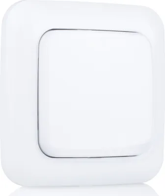 A white smart home wall switch is shown against a white background.