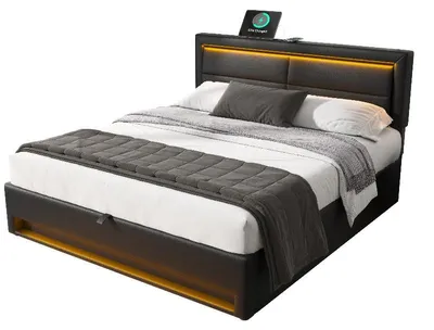 Imagen del producto de Cama tapizada de 140x200 cm, color negro, fabricada en PU, con puerto USB, iluminación LED y espacio de almacenamiento para el dormitorio