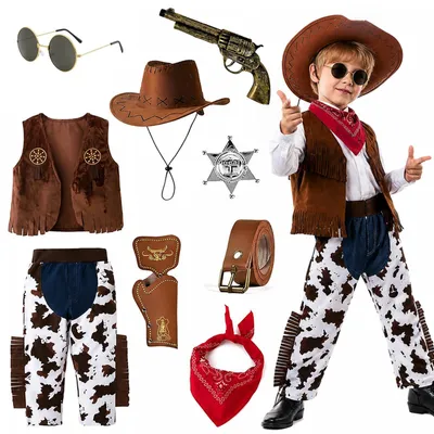 Immagine prodotto di Costume da cowboy per bambini, taglia 130, completo di cappello, ideale per feste e occasioni speciali
