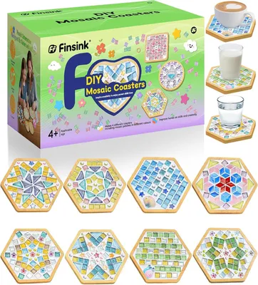 Produktbild von Mosaik-Bastelset für Kinder, 8 Stück, Mosaik-Untersetzer, Bastelset, DIY-Holzuntersetzer, Set mit Mosaiksteinen zum Basteln