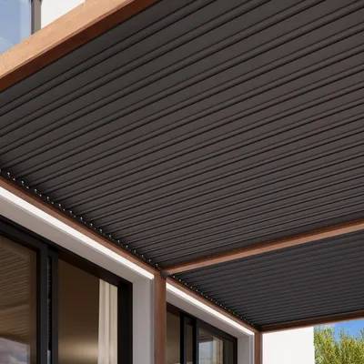 Produktbild von PRIMEYARD Pergola 3x6 m Aluminium-Pfosten in Holzoptik mit Lamellendach aus Stahl Terrassenüberdachung