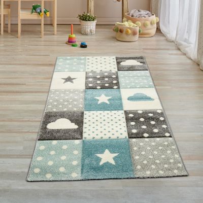 Kinderteppich Junge Teppich Kinderzimmer mit Stern Wolke in Blau Grau Creme Größe - 80 x 150 cm