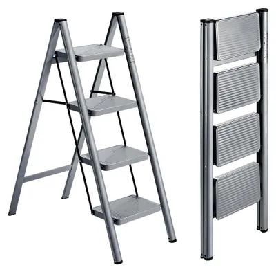 Produktbild von 4-stufige Klappleiter, Trittleiter, rutschfeste Stehleiter, tragbare Klappleiter für Büro und Haushalt, leicht und belastbar bis 150 kg, Grau