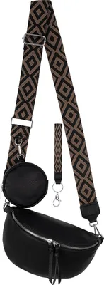 Produktbild von Threestones Trade & Travel Bauchtasche, Umhängetasche & Crossbody-Bag aus hochwertigem, wasserabweisendem Kunstleder, Schwarz, 26x16x9cm. Doppelreißverschluss, diverse Fächer. Verstellbarer, abnehmbarer Trageriemen. Inkl. abnehmbarer Utensilientasche (11x11x2cm) & gemustertem 3,5cm Riemen. Italy-Design. Ideal für Freizeit, Schule, Arbeit & Reisen. Art.-Nr. 53167.