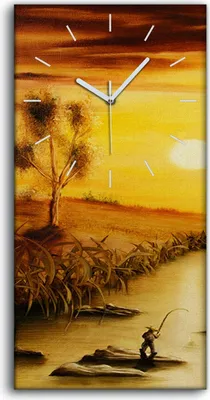 Produktbild von Wandbild Leinwand Bilder Wanduhr 30x60 Gemälde Landschaft Bäume Fluss Fischer - weiße Hände